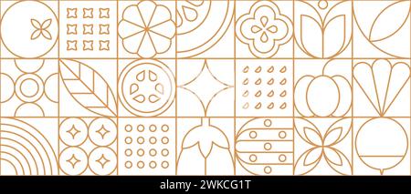 Gemüsekost im modernen geometrischen Muster oder Mosaikfliese, Vektor-Hintergrund. Gemüsemuster in dünner Liniengeometrie mit Tomaten, Kürbis und Auberginen mit Zucchini in geometrischer Umrissfliese Stock Vektor