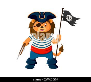 Zeichentrickfilm Löwe Piratentier Figur. Isolierter Vektor niedliche, verspielte Kinderfigur hält schwarze Flagge mit Schädel und Pistole und verschmilzt Wildheit mit Wimmelei in einem Abenteuer auf hoher See Stock Vektor