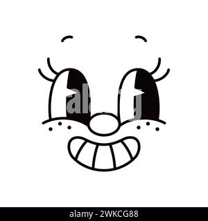 Comic Emoji Gesicht, Comic Groovie Retro Emotion Augen, Vektor lustige Emoticon Charakter. Comic-grooviges Gesicht mit Happy Smile Mund, Zähnen und Wimpern, funky albernes Gesicht in Retro-Cartoon-Doodle Stock Vektor