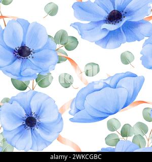Ein nahtloses Muster mit Blumenelementen in Aquarellfarben. Blaue Anemonen, Satinbänder und zarte Eukalyptusblätter. Für Stoffdrucke, digital Stockfoto