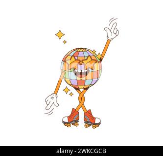 Cartoon Retro Disco Ball grooviger Charakter. Isolierte Vektor-lebendige Persönlichkeit mit bunten, schimmernden Facetten, sternförmigen Sonnenbrillen und animierten Gliedmaßen, die eine coole Atmosphäre ausstrahlen, tanzen auf Rollerblades Stock Vektor