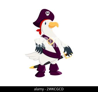 Cartoon Möwe Pirate Corsair Tierfigur. Isolierte Vektormöwen-Filibuster oder rover-Persönlichkeit, die einen klassischen Tricorn-Hut mit Schädel, Bandana und Stiefeln mit Cutlas trägt, hängt an seinem Gürtel Stock Vektor