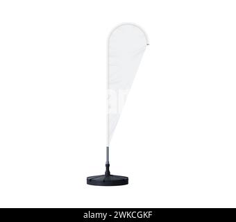 Realistischer Bannerstand, Strandflagge. Isoliertes tragbares 3D-Vektor-Display mit tropfenförmigem Design für den Außeneinsatz. Er verfügt über einen hohen Stab und eine Leinwandoberfläche für Werbeveranstaltungen und Branding Stock Vektor