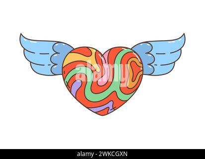 Grooviges Hippie-Herz im Retro-Stil mit auffälligen, wirbelnden, lebendigen, psychedelischen Farben. Das isolierte Vektorsymbol verkörpert den freien Geist der Hippie-Bewegung der 60er und 70er Jahre, der Liebe oder des Valentinstag Stock Vektor