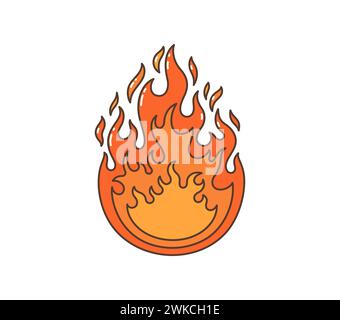 Cartoon Retro-groovige Hippie-Feuer-Flammen. Isolierter Vektor, lebendige, psychedelische Flamme, Symbol des freien Geistes und der Energie der 1960er Jahre, die orange, rote und gelbe Farben mit fließenden, welligen Zungen vermischt Stock Vektor