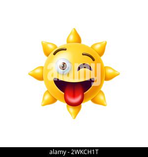 3D Sonne Emoji, kühle und süße gelbe sonnige Charakter, Zeichentrickvektor Emoticon. Sonnenemoji mit fröhlichem Gesicht, blinkender Zunge, Kindermaskottchen oder Emoticon glänzende, lächelnde Sonne mit albernem Ausdruck Stock Vektor