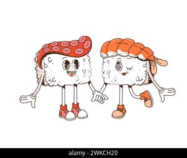 Cartoon Retro groovige Sushi-Charaktere, Paar oder Freunde, Vektor-Comic-Charaktere. Lustiges, grooviges Sushi-Paar hält an Händen in Hippie-Kunst der 60er oder 70er Jahre Retro-Groovie japanischen Essensfiguren Stock Vektor