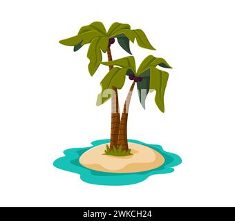 Comic tropische Palme auf Insel im Meer. Isolierte Vektorpalme steht auf einem kleinen Sandland, umgeben von kristallklarem Meereswasser, verkörpert das Paradies, perfekt für einen traumhaften Urlaub Stock Vektor