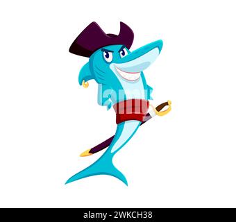 Zeichentrickfilm Seehai Piraten Korsair Tierfigur mit Zahngrinsen, Tricorn Hut und Cutlas. Isolierte Vektorräuber, charismatische Filibuster unter Wasser, bereit für ozeanische Abenteuer Stock Vektor