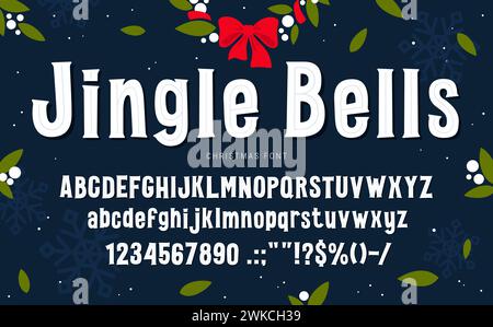 Weihnachtsschriftart, Weihnachtsschriftart. Weihnachtsschrift, englisches Silvester-Alphabet. Vektor-Typografie in Großbuchstaben, Symbole und Zeichen im dekorativen festlichen Winterstil. Zeichentrickfiguren im Vintage-Zeichensatz Stock Vektor