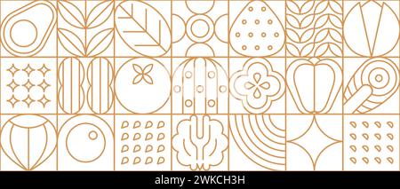 Keto Diät Gesundheit in moderner Linie geometrisches Muster oder Mosaikfliese, Vektor-Hintergrund. Gesunde Ernährung und Keto-Diät Muster mit geometrischen Umrissen Gemüse und Obst für Bio-Lebensmittel und Ernährung Stock Vektor