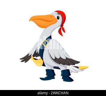 Zeichentrickfilm Pelikan Vogel Pirate Corsair Tier Charakter. Isolierte Vektorgefiederte Seemannsfigur, die rotes Bandana und Schwert trägt, quietscht Befehle, auf der Suche nach fischigen Schätzen auf hoher See Stock Vektor