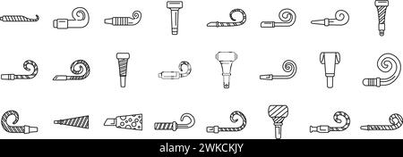 Symbole für Partygebläse legen den Konturvektor fest. Whistle Horn glücklich. Karneval feiern Stock Vektor