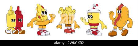 Groovige Fastfood-Charaktere, isoliert auf weißem Hintergrund. Vektor-Karikaturillustration von Retro-Restaurant Maskottchen, Ketchup und Senfflaschen, Pizza, Pommes Frites, Tasse Limonade, Hotdog lächelnd Stock Vektor