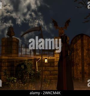 Dämon des Todes in einem gruseligen Friedhof in der Nacht - 3D Rendering Stockfoto