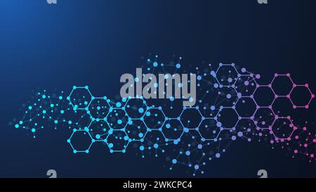 Moderner Wissenschaftshintergrund mit Linien, Punkten und Sechsecken. Abstrakter Hintergrund für Wellenfluss. Molekulare Struktur für Medizin, Technologie, Chemie Stockfoto