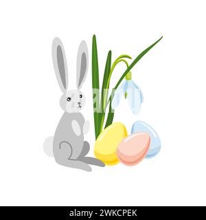 Vektor-Illustration des Osterthemas, Blumenstrauß der Frühlingsblumen Schneeglöckchen und mehrfarbige PastellOstereier und Häschen, Frühlingsparty-Illustration auf Wi Stock Vektor