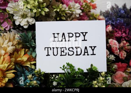Happy Tuesday Textnachricht auf Papierkarte mit wunderschönen Blumendekorationen Stockfoto