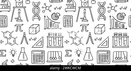 Nahtloses Muster für Bildungszwecke. Naturwissenschaftliche Linie handgezeichnete Elemente - mathematische Formel, chemische Moleküle, dna, Grafik, wissenschaftliches Experiment Stock Vektor