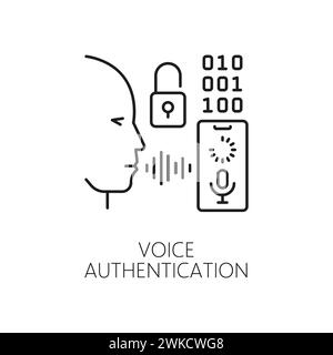Symbol für Sprachauthentifizierung, biometrische Identifizierung, Erkennung und Verifizierung isoliertes lineares Vektorzeichen. Menschliches Gesicht und Schallwellen-Symbol, das eine sichere Spracherkennung und Zugriffskontrolle bedeutet Stock Vektor