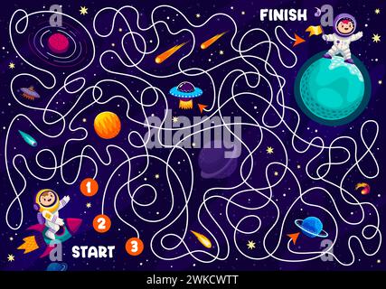 Space Labyrinth Labyrinth Spiel. Hilf dem Astronauten, einen Freund auf dem fernen Alien-Planeten in der Galaxie zu finden. Vektor-Brettspiel mit verworrenem Pfad, Beginn und Ende in kosmischer Landschaft. Karikatur-pädagogischer Rätseltest Stock Vektor