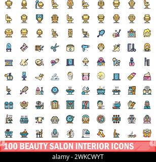 100 Ikonen im Innenbereich des Schönheitssalons. Farblinie Satz von Schönheitssalon Innenvektor Icons dünne Linie Farbe flach auf weiß Stock Vektor