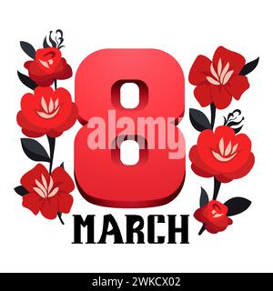 Vektor Bunte Handschrift roter Text mit Blumen bis 8. märz. Nummer acht vom Frauentag in flachem Design. Isolierter, auffälliger Schriftzug für Logodesign, Flyer Stock Vektor