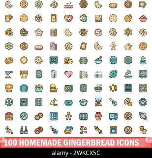 100 selbstgemachte Lebkuchensymbole. Farblinie Satz von hausgemachten Lebkuchenvektorsymbolen dünne Linie Farbe flach auf weiß Stock Vektor