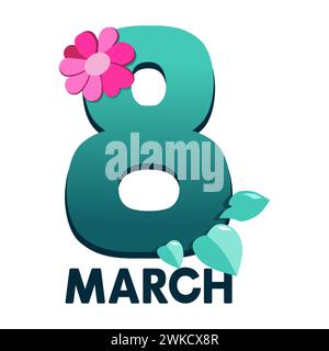 Vektor Bunte Handschrift Mint Text mit rosa Blumen bis 8. märz. Nummer acht vom Frauentag in flachem Design. Isolierte, auffällige Schriftzeichen für Logo-Design, Stock Vektor