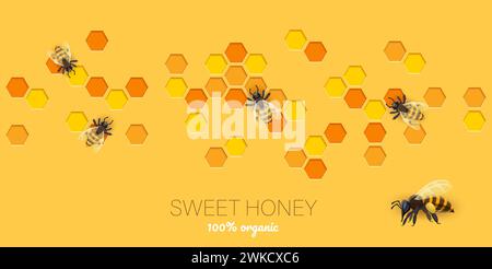 Wabenpapier geschnittene Banner mit Bienen und Honig, Vektorhintergrund. Produktverpackung für Bienenzuchthonig oder Lebensmitteletikett für 100 % natürlichen Bio-Honig und realistische Bienen auf Wabenform Stock Vektor