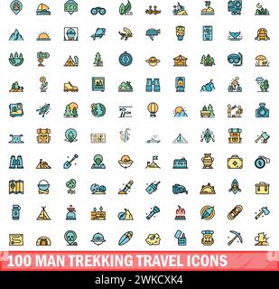 100 Mann Trekking Reisesymbole Set. Farblinie Satz von Mann Trekking Reise Vektor Symbole dünne Linie Farbe flach auf weiß Stock Vektor