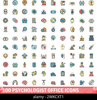 100 Symbole für das Büro von Psychologen. Farblinie Satz der Vektorsymbole des Psychologen Büro dünne Linie Farbe flach auf weiß Stock Vektor