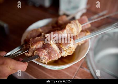 Sommer-Grill im Hinterhof mit handgefertigten Kebabs zum Grillen Stockfoto