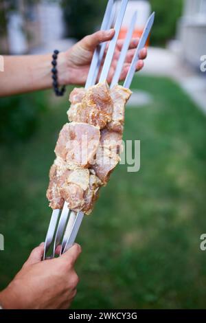 Sommer-Grill im Hinterhof mit handgefertigten Kebabs zum Grillen Stockfoto