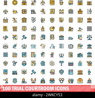100 Symbole im Gerichtssaal. Farblinie Satz der Vektorsymbole des Gerichtssaals dünne Linie Farbe flach auf weiß Stock Vektor
