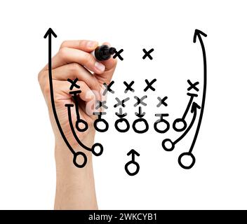 Coach zeichnet american Football oder Rugby Game Playbook, Strategie und Taktik mit schwarzem Marker auf weißem Hintergrund. Stockfoto