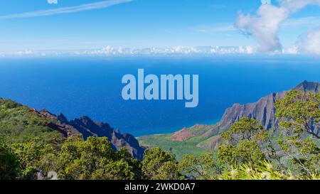 Ein Blick aus der Vogelperspektive auf das Kalalau Valley und die Na Pali Coast vom Kalalau Lookout im Kokee State Park, Hawaii Stockfoto