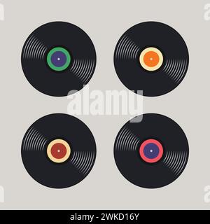Retro-Schallplatte mit einem bunten Label, ein Vektor-Vintage-Illustrationsset Stock Vektor