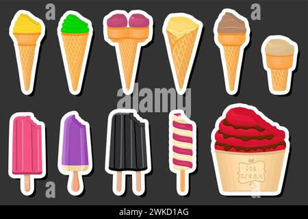 Illustration zum Thema Big Kit Eis Eis Eis Eis Eis verschiedene Arten in Kegel Waffelbecher, Eis bestehend aus leckeren Eis auf Kegel Waffelbecher, Popsic Stock Vektor