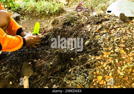 Ein Mann pflanzt Pflanzensamen in einem Becher aus Boden, gemischt mit natürlichem Kompost. Stockfoto