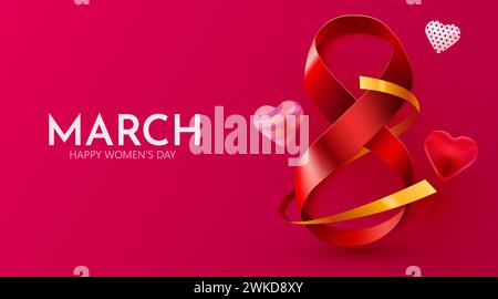 Banner zum Internationalen Frauentag. Flyer für März 8 mit rotem Band. Nummer 8. Vektordarstellung Stock Vektor