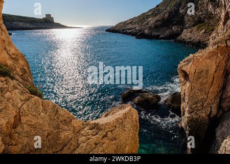 Blick über die Xlendi Bay in Richtung Xlendi Tower, Xlendi, Gozo, Malta Stockfoto