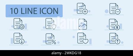 Datei Zeilensymbol festlegen. Digitale Dateien, Cloud-Speicher, sicherer Zugriff, Plus, Minus, Schutzvorrichtung, Zahnrad. Hintergrund in Pastellfarbe. Vektorzeilensymbol für Unternehmen und Stock Vektor