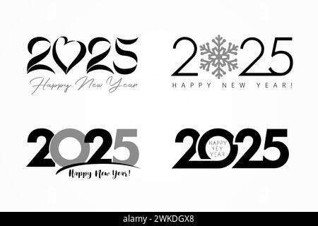 Großer Satz von 2025 Logos, Textdesign mit Herz, Schnee und einfachen Symbolen. Happy New Year 2025, Geschäftskonzept für Kalenderumschlag oder Grußkarte Stock Vektor