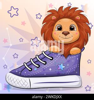 A cute cartoon lion with a sneaker. Vector illustration of an animal on a colorful background with stars. Stock Vektor