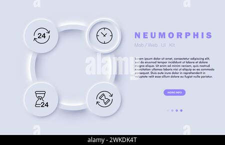 Symbol für Timer-Zeile. Weckfunktion, Morgenroutine, pünktlich, Uhr, Timer, Pfeil, Sekunden, Minuten, 24 Stunden am Tag, am Bett, zuverlässig. Neomorphismusstil. Vect Stock Vektor