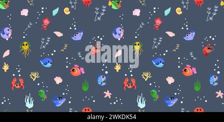 Nahtloses Marinemuster zum Bedrucken von Textilien und Geschenkpapier. Muster mit Meerestieren und Pflanzen für Textilien und Kleidung für Kinder. Hintergrund für Karten Vektor Stock Vektor