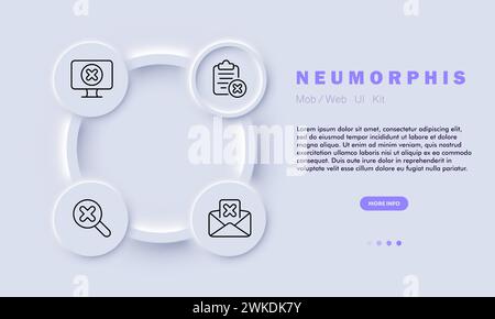 Symbol für Sicherheitslinie. Schutz persönlicher Informationen, Kreuz, Monitor, Lupe, Liste, Nachricht, Umschlag. Neomorphismusstil. Symbol für Vektorlinie für Stock Vektor