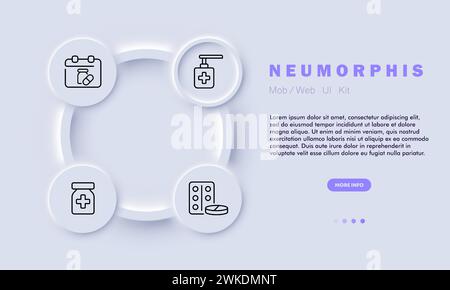 Symbol für Wiederherstellungslinie. Gesundheitswesen, Technologie, Innovation, Heilung, Blase, Tablets, Kalender, Flüssigseife, plus. Neomorphismusstil. Symbol für Vektorlinie fo Stock Vektor