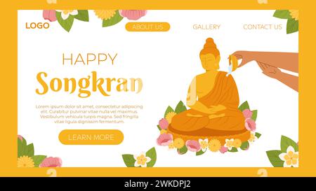 Songkran Festival, traditionelle Dusche die Mönchsskulptur, Thailand Neujahr. Buddha-Statue mit Wasser von Hand. Vorlage für Vektor-Landing-Page-Website in Stock Vektor